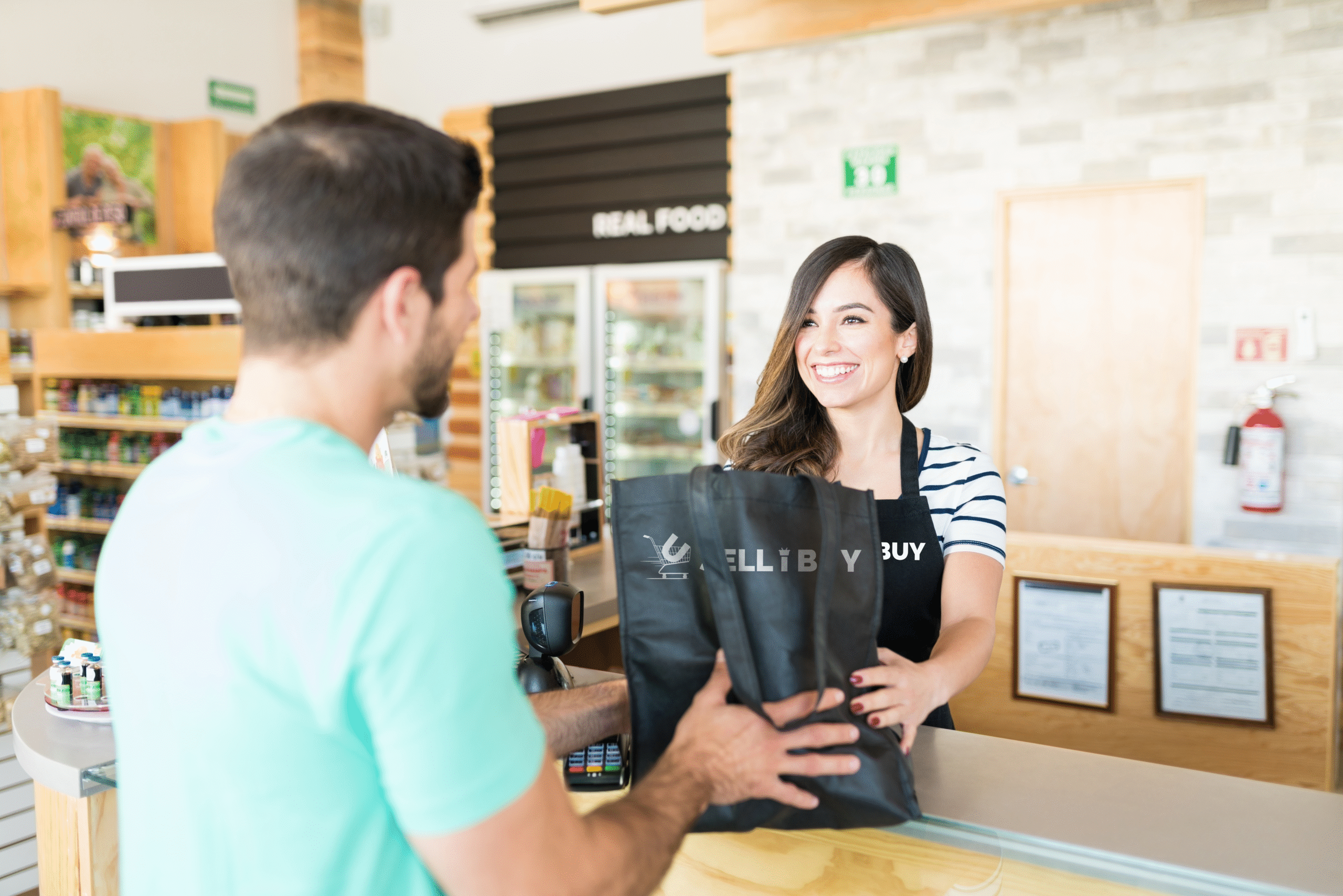 confident-female-cashier-giving-bag-young-man-checkout-counter-supermarket copy