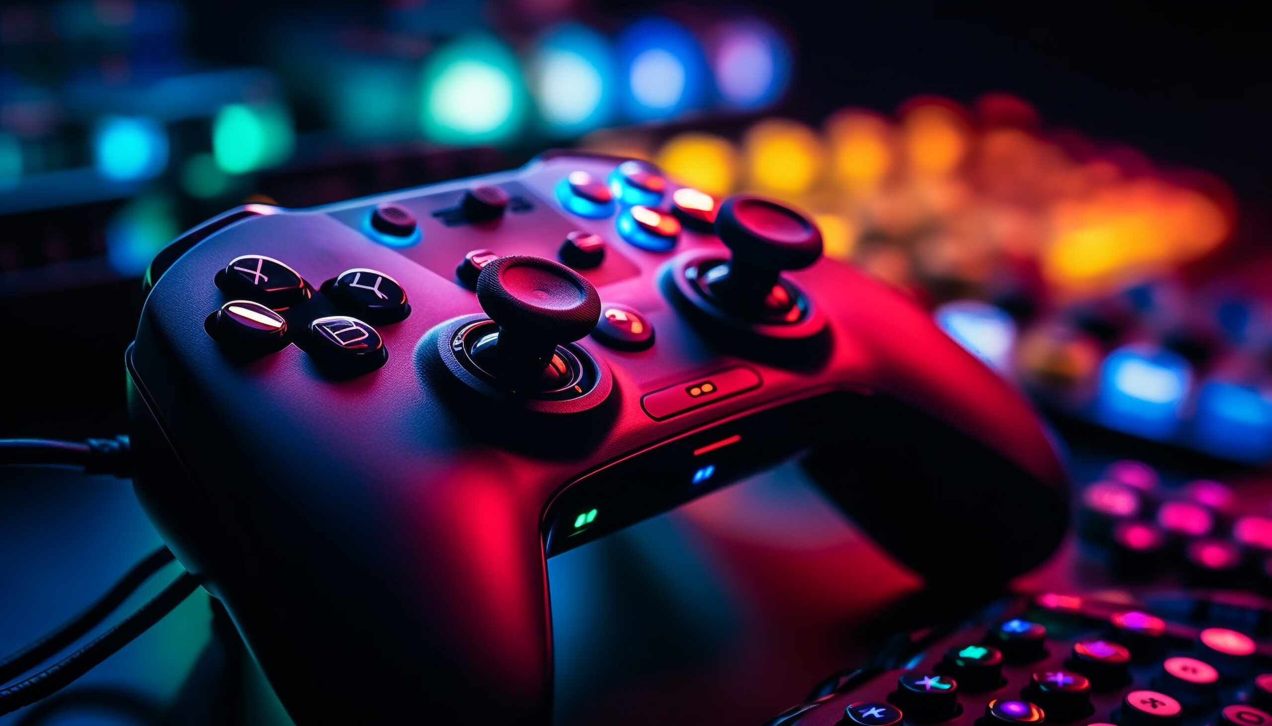 Futuristic video game equipment illuminated in nightclub generative AI